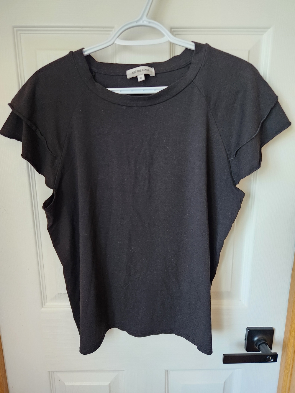 Ruffle Sleeve Crewneck Tee - Black